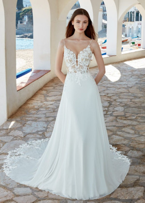 Ivory Floral Lace Chiffon Wedding Dress With Scalloped Train